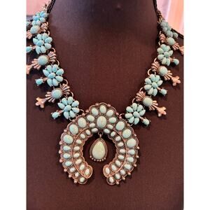 Vintage-Style Faux Turquoise Squash Blossom Statement Necklace – Boho Naja